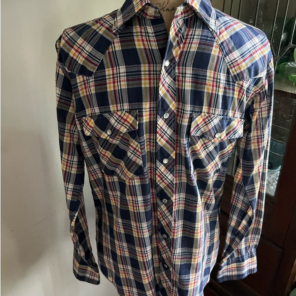 Vintage 70s Men's Plaid Pearl Snap Shirt Size 38 Blue Yellow Americana 38 Unisex - Picture 4 of 17